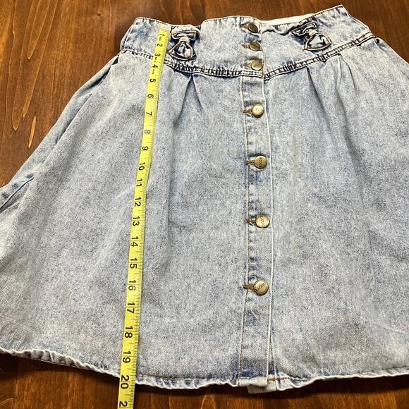 VTG Acid Wash Pleated Button Front Midi Denim Skirt Bow Detail Size 11/12 - Picture 8 of 16